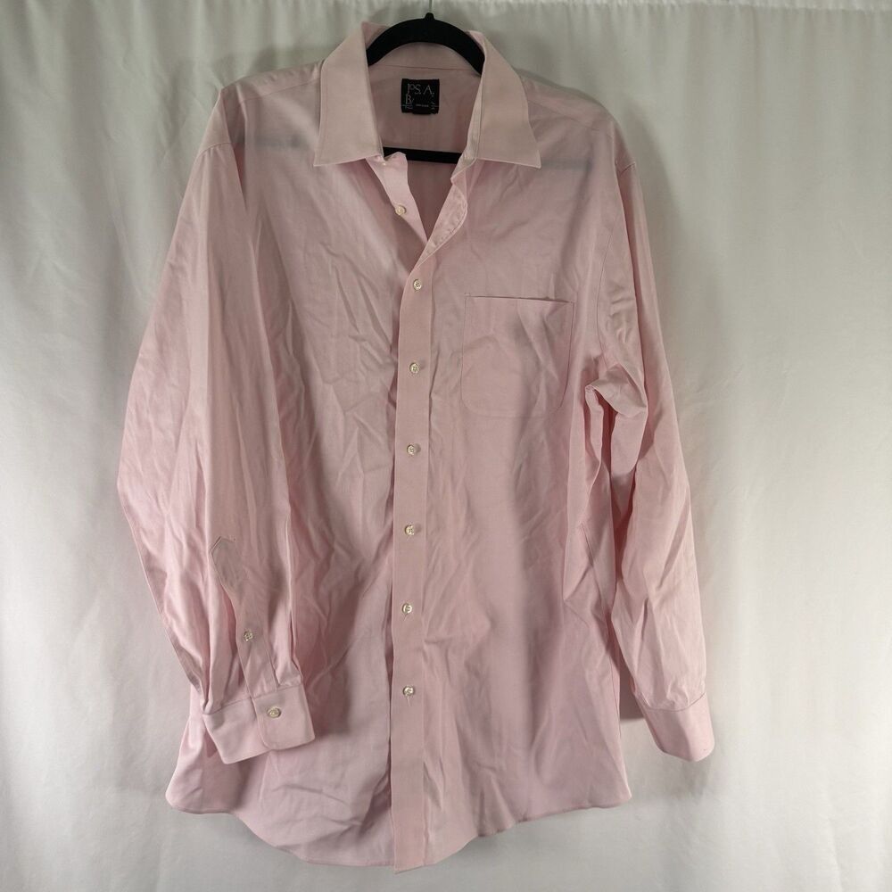 Jos A Bank Teaveler's Dress Shirt 17 34 Pink Solid 100% Cotton Button Up Long Sl